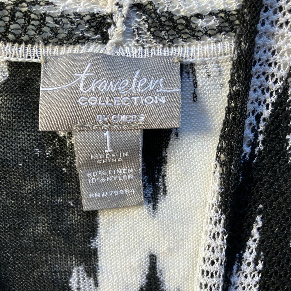 Chicos Travelers Collection Linen Cardigan Sweater Sz 1/M Ikat Print Black White - Picture 5 of 6
